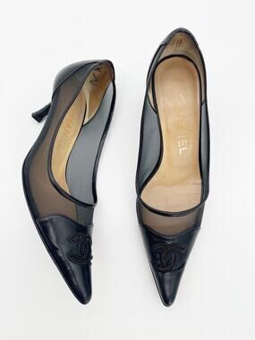 Chanel Vintage Black Mesh Leather CC Cap Toe Pointed Toe Pumps Heels EU 36